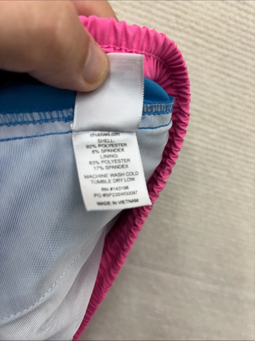chubbies Bright Blue Swim Trunks with Pink Waistband